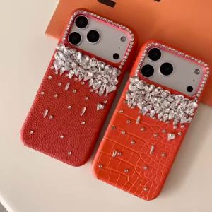 szhaiyu | Orange Leather Glitter Diamond Phone Case for IPhone Air 17 16 Plus 12 13 14 15 Pro Max Luxury Bling Rhinestone Protective Cover