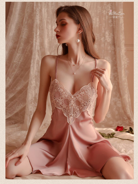 Đồ ngủ sexy váy ngủ sexy chất liệu lụa phối ren Nhà Jun mang