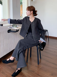 Grey Vintage Woolen Suit Pants Womens Autumn New Style Short Jacket Wide Leg Pants Two Piece Set Fashionable Casual Outfit
