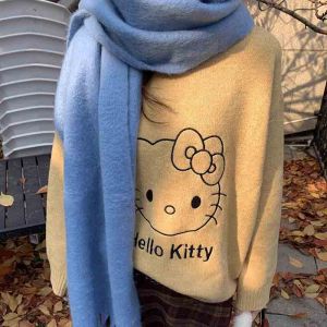 Korean Style Womens Fleece Lined Long Sweater Soft Cozy round Neck Knitted Cat Patterned Warm Autumn Winter Fashion Commute Wear