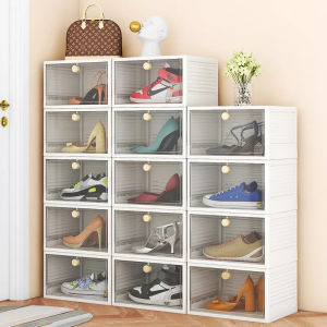 【Fans tone】Shoe Storage Box Clear Plastic Stackable Shoe Organizer for Closet Space Saving Foldable Shoe Sneaker Containers Bins Holders