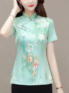 Summer Moms Short Sleeve Cheongsam Top Fashionable Reformed Floral Print Loose Fit T-Shirt Versatile Printed Thinming Top