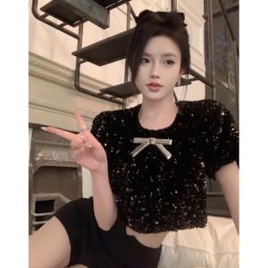 เสื้อยืดแขนสั้นผู้หญิงสไตล์เกาหลี ทรงเข้ารูป ลายผีเสื้อ ประดับเลื่อม เสื้อผ้าทำงานฤดูร้อน ทรงเข้ารูป สไตล์หวานและเผ็ดร้อน