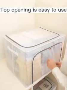 【buy more save more】110L Large Capacity Transparent boxFoldable Storage Box for clothes PVC Nylon Waterproof and moisture-proof Sundries Organizer box Stackable megabox With Steel Frame Dual Zipper