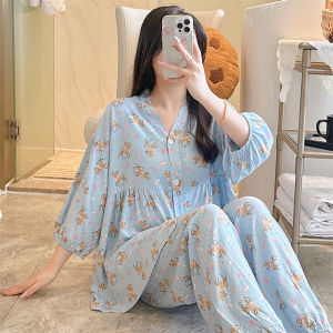Elegant Cotton Silk Womens Sleepwear Long Sleeve Seven-Quarter Sleeve Home Clothes Sweet Style Two-Piece Spring Summer Set