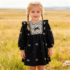 New Baby Girls Lace Collar Dress Sisters Clothes Kids Girls Princess Dress Black Fashion Party Clothes Embroider Flower Dress
