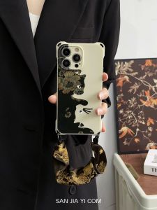 Silk Satin Lanyard Phone Case for Huawei Xiaomi iPhone Apple Creative Artistic Style Crossbody Handheld National Trend Cat Design
