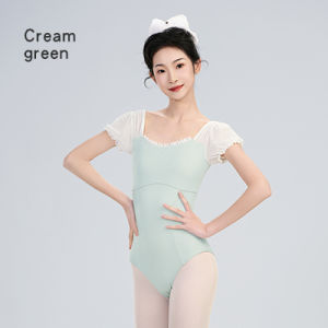 Sweet Girls Square Collar Ruffled Dance Leotard Women Nylon U-back Mesh Splice Yoga Gymnastics Puff Sleeve Bodysuit Swim Jumsuit