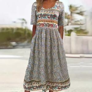 2026 New Arrival Womens Bohemian Printed Maxi Dress Summer European & American Style Crew Neck Short Sleeve