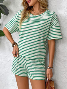 Summer Knit Casual Loose Striped Short Pants Sets for Women Elegant Womens 2 Pieces Suit Female Two Piece Sets Womens Outifits