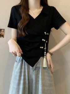 New Chinese Style Short Sleeve T-Shirt Womens Summer Slim Fit Asymmetric Button Design Fashionable Compact Length Top