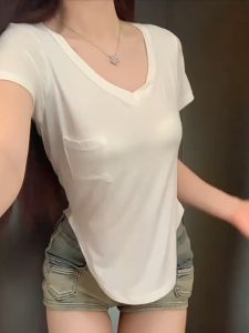 Kaos Wanita T-shirt BJ-3028 Atasan Baju Basic V Neck Short Sleeve Crop Top Polos Halus Adem