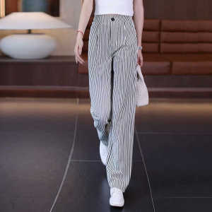 กางเกงขายาวทรงตรงเอวสูงสำหรับผู้หญิงในช่วงฤดูร้อน กางเกงขายาวทรงสลิมฟิตแบบบางๆ สำหรับผู้หญิง กางเกงขายาวทรงหลวมๆ ลำลอง