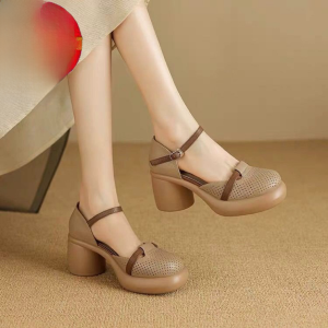 Genuine Leather Retro Style Color Block Thick Heel High Heel Sandals Women Summer Head Covered Hollow out Casual Roman Shoes