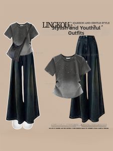 NUMEN BUTTON | Large Size Summer Style Design Gradient Straight Shoulder T-Shirt and High Waist Skinny Jeans Set