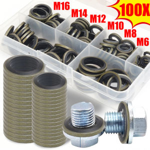 【WOKEN】100Pcs/Box Car Engine Oil Drain Plug Gasket Set Oil Pan Sealing Gasket O-Ring Combination Gasket M6/M8/M10/M12/M14/M16