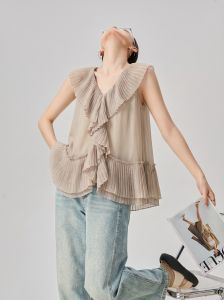 GULILI | Resort Style Pleated Ruffle Sleeveless Top