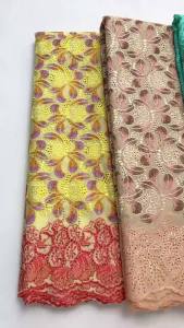 2026 Cream African Swiss Voile Lace Fabric - Purple & Orange Floral Pattern 5Yards Cotton With Stones For Womens Bridal Dress