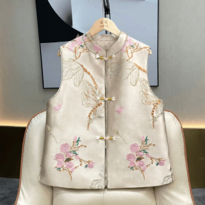Elegant Womens Embroidered Silk Floral Jacket Vest Chinese Style Artistic Retro Design Spring Autumn Season Fashion Outerwear