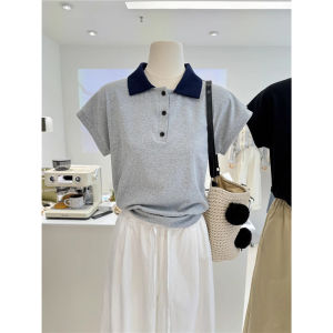 Korean Style Slim Fit Polo Neck Short Sleeve T-Shirt Women Summer Fashion Brand Half Sleeve Shoulder Insertion Cotton Blend Top