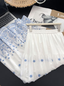 PAIBOLI | White Floral Embroidery A-Line Midi Skirt Women Summer 2025 New French Style High Waist Loose Fit Korean Version Cake Umbrella Skirt