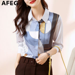 AFEG New Korean Style Shirt Collar Fashion Loose Versatile Silk Satin Print Long Sleeve Blouse for women