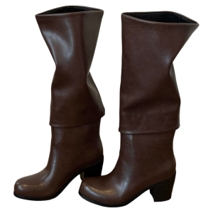 Round Toe Chunky Heel Detachable Calfskin Tall Boots 2 Styles