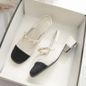 Vintage Mary Jane Shoes Chain Closed Toe Comfortable Womens Shoes Classic Style Square Toe Color-Blocking Flats Chunky Heel Slingback Sandals Women