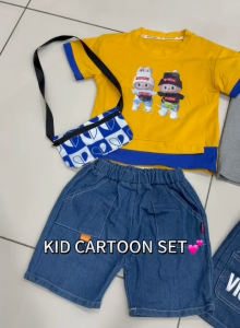 KID CARTOON SHIRT & PANT SET WITH BAG/BAJU KANAK-KANAK SET/BAJU ANAK & SELUAR JEANS SET/GOOD QUALITY NEW ARRIVAL
