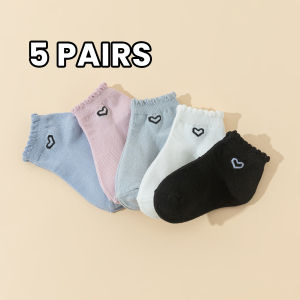 5 pairs  solid-color childrens socks heart-shaped pattern everyday college-style girls short socks soft and breathable