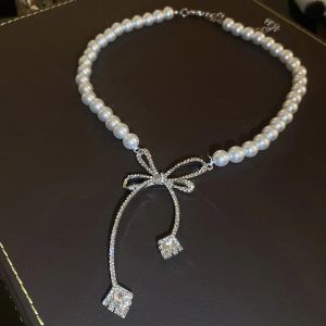 Pearl Rhinestone Bow Necklace for Women Fashion Light Luxury Niche Collarbone Chain Necklaces New Personality Jewelry Party K0