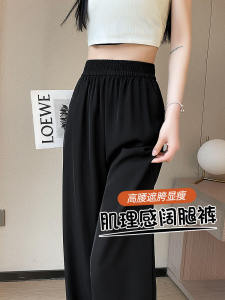 Elastic Waist Wide Leg Pants Women Summer Thin Ice Silk Drape Suit Pants Casual Black Straight Leg Trousers High Waist Long Pants