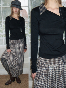 1JINN STUDIO | Henry Neck Asymmetric Plaid Patchwork Long Sleeve Shirt Slim Fit Knitwear