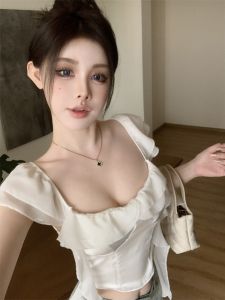 GUZILIAN | Spicy Girl Patchwork Shirt French Vintage Short Shoulder Bared Womens Fashionable Summer Trendy Top Square Collar Pure Color