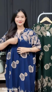 Daster Jumbo LD 140 Arumi Rayon Motif Printing Batik Sakura Pekalongan Baju Dress Piyama Panjang Wanita Busui Friendly Bumil Putri Tidur Cantik