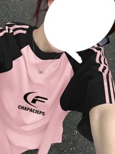 Retro American Splice Shoulder Stripe Short Sleeve T-Shirt Women Summer New High Street Loose Top Ins Korean Style Creative Pattern