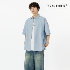 Áo Sơ Mi Nam Tay Ngắn Mùa Hè Màu Trơn Cotton Rộng Rãi Phong Cách Thành Phố Nhật Bản Yoke Studio Áo Sơ Mi Thường Ngày Cho Thanh Thiếu Niên