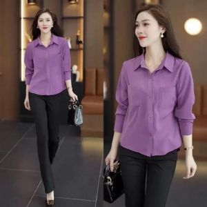 Slimming Fashionable Long Sleeve Shirt Womens Early Autumn New Style Thin Shirt Polo Collar Button Detail Regular Fit Shirt