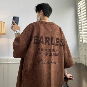 Large Size 300 Pounds Retro Suede Short Sleeve T-Shirt Mens Casual round Neck Half Sleeve Summer High Street Style Top