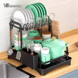 2 Layers Dish Rack Stainless Steel Dish Drainer Rack Bowl Sink with Utensil Holder Cutting Board Holder and Dish Drainer Kitchen Organizer Storage Rack Space-Saving Kitchen Organizer WITH Chopsticks Holder & Water Catch Tray | Anti-Rust Carbon Steel