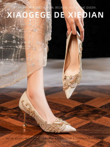 Champagne Color Embroidered Phoenix Crystal Wedding Shoes Womens Pointed Toe High Heels Fashionable Two-Way Wear Wedding Shoes