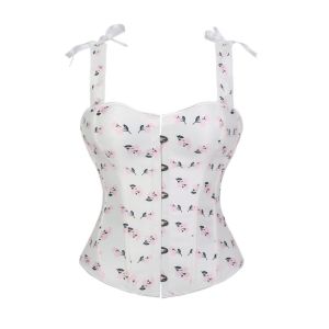 White Floral Corset Bustier with Adjustable Shoulder Straps & Back Lace-Up Slimming Waist Shaping Top for Women