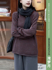 เสื้อยืดลายทางหลวมๆ สำหรับผู้หญิงในฤดูใบไม้ผลิปี 2025 เสื้อเชิ้ตแขนยาวทรงเข้ารูปที่สวมใส่สบายและแฟชั่น