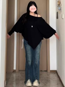 Plus Size Chubby Girl Korean Style Idle Style Slant Shoulder Long Sleeves Knitwear Female Autumn Stylish Asymmetrical off Shoulder Fat Hiding Top