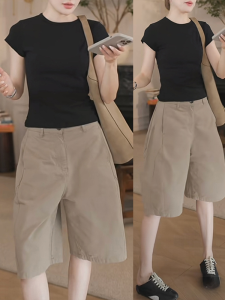 Shalldoer | Summer Womens Slim Fit Short Sleeve T-Shirt And Five-Point Pants Two-Piece Set Casual Versatile Pure Color Workwear Ensemble