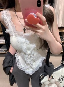 Áo Ba Lỗ Ngắn Màu Trắng Cho Nữ Mùa Hè Áo Ba Lỗ Nhỏ Kiểu Pháp Ngọt Ngào Và Cay Nồng Áo Lót Bên Trong Và Áo Khoác Ngoài