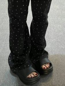 Quần Jeans Denim Ống Rộng in Hoa Màu Đen Cạp Cao Cho Nữ Quần Ống Rộng Thẳng Thiết Kế Sensation Little Crowd Quần Dài