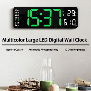 Multicolor Large LED Digital Wall Clock Remote Control Brightness Adjustable Temperature Date Week Display Memory Function Table Wall-mounted Home Decoration Electronic Alarm Clock