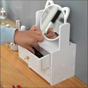 กล่องเก็บเครื่องสำอางค์ อุปกรณ์แต่งหน้า มีลิ้นชัก พร้อมกระจกชัด ปรับหมุนได้ สำหรับแต่งหน้า รูปแมว และน่ารัก