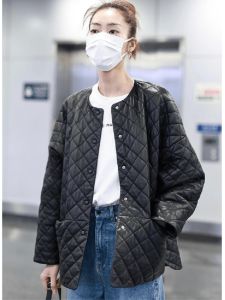 Slimming Effectiveness Real Leather Jacket Womens Cotton Enriched Loose Fit Fashionable Outerwear Star Sheep Leather